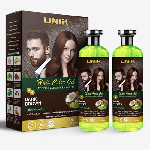 UNIK hair color gel packaging with two bottles and a box on a white background