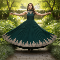 SECRET SOLUTIONS - Luxury Emerald Dream Anarkali Gown Suit | Soft Flowy Silk Blend with Delicate Booti Work