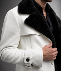 HAMS™ Men’s Genuine Cowhide Leather Long Trench Coat, White Leather Coat with Black Fur Collar, Full-Length Luxury Formal Outerwear