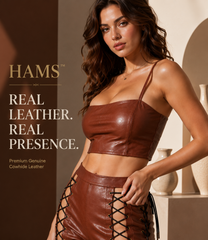HAMS™ Women’s Genuine Cowhide Leather 2-Piece Crop Top and Lace-Up Flared Pants Set, Brown Leather Outfit
