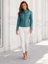HAMS™ Women's Genuine Cow Leather Stand Collar Jacket | Premium Turquoise Leather Jacket