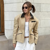 Retro Lapels Contrast Color Waist-tight Motorcycle Slim-fit Leather Coat Zipper Jacket