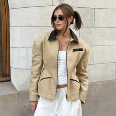 Retro Lapels Contrast Color Waist-tight Motorcycle Slim-fit Leather Coat Zipper Jacket