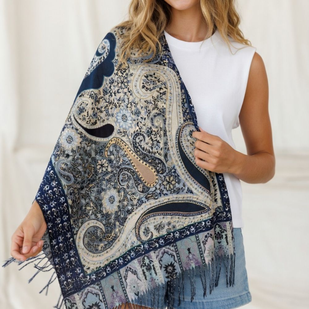 Premium Navy Blue Paisley Wool Scarf for Women – Elegant Printed Winter Wrap with Fringed Edges
