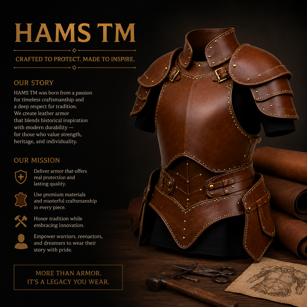 A brown leather medieval-style armor plate displayed on a mannequin torso, with rolled leather, a hammer, scissors, and a parchment map on a dark wooden surface. Large text on the left reads 'HAMS TM' with company story and mission copy.