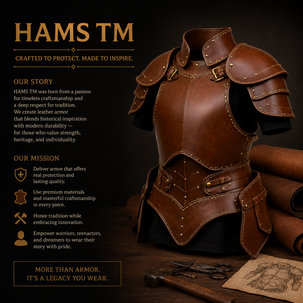 A brown leather medieval-style armor plate displayed on a mannequin torso, with rolled leather, a hammer, scissors, and a parchment map on a dark wooden surface. Large text on the left reads 'HAMS TM' with company story and mission copy.