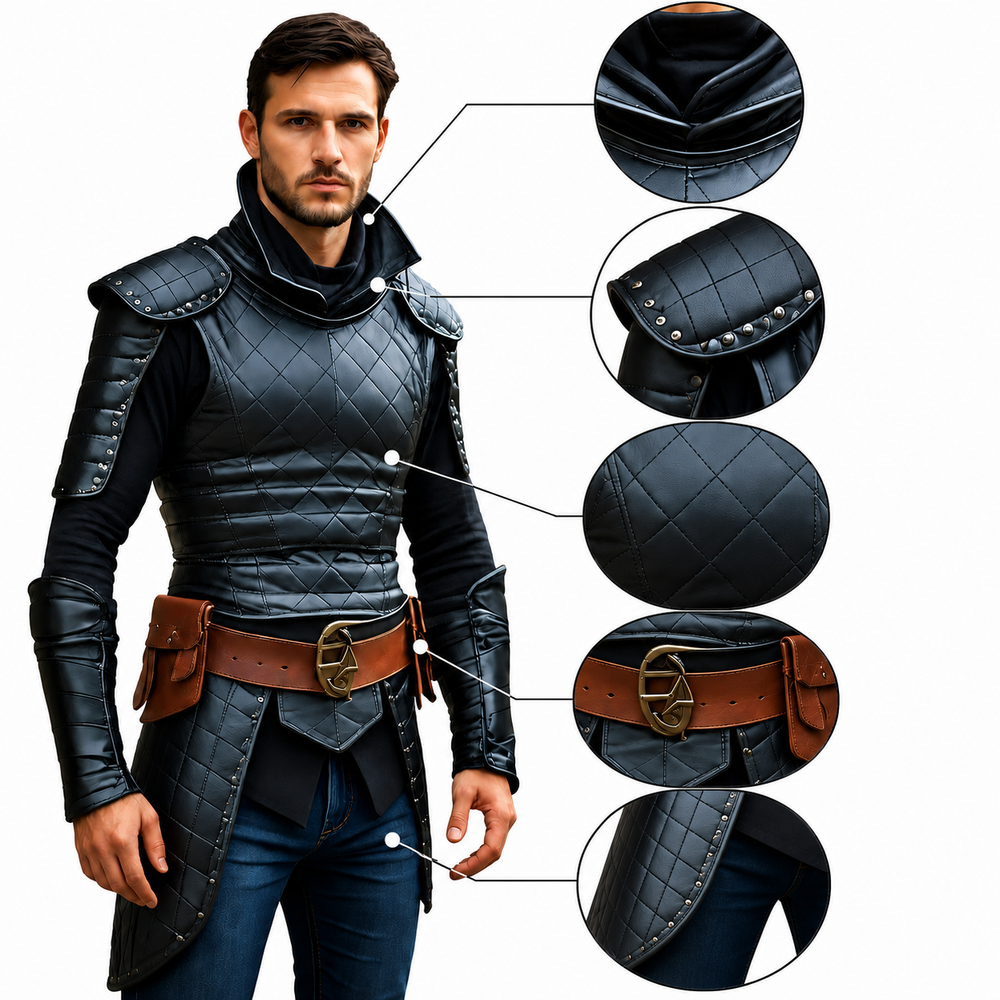 A man modeling a black quilted medieval-style plate armor vest with shoulder guards, a brown leather belt, and brass buckle, shown alongside four circular detail zoom-ins on a white background.