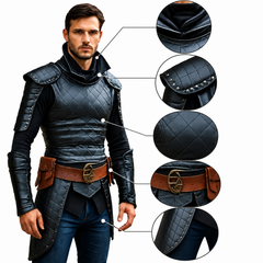 A man modeling a black quilted medieval-style plate armor vest with shoulder guards, a brown leather belt, and brass buckle, shown alongside four circular detail zoom-ins on a white background.