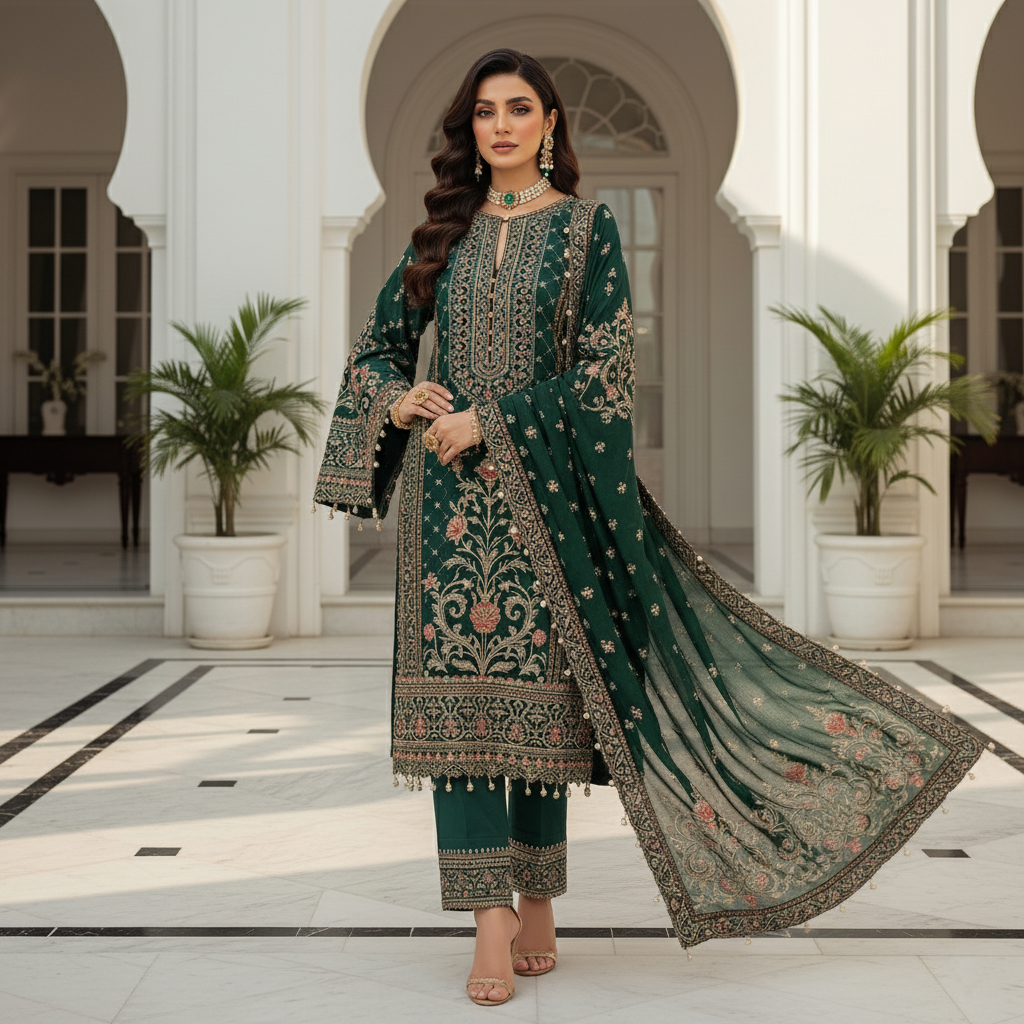 SECRET SOLUTIONS - Luxury Emerald Green Velvet Suit with Multi-Color Zari & Resham Embroidery | Winter Formal Wear