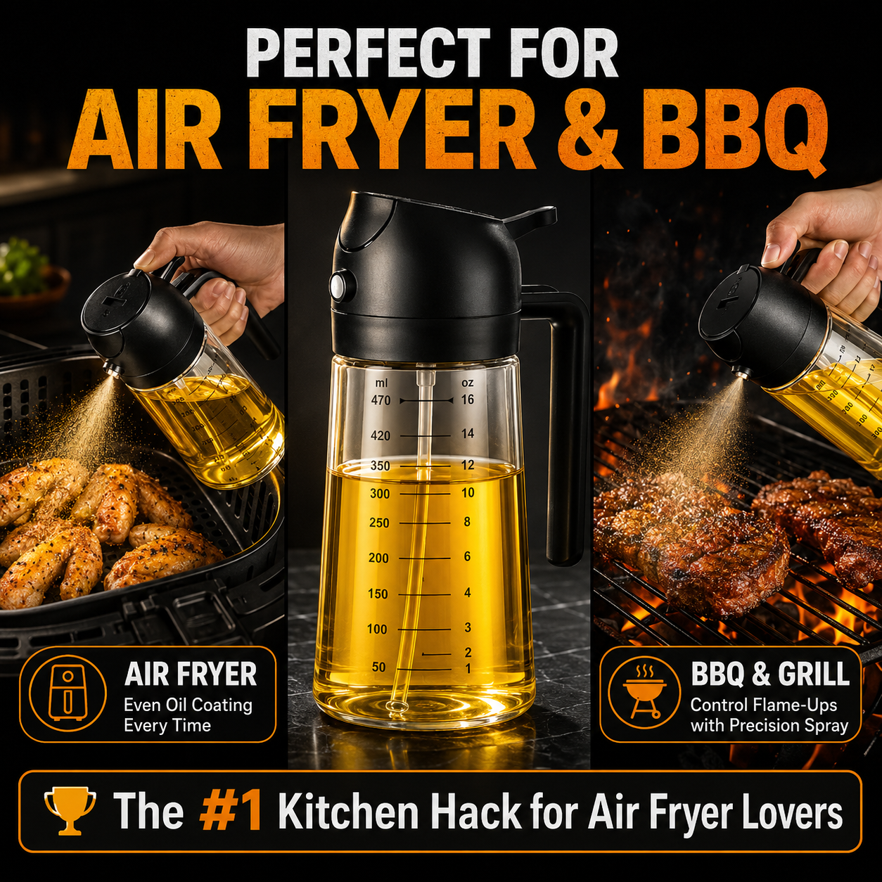 2-in-1 Olive Oil Sprayer for Cooking, Pack of 2 (16oz Each), Light-Proof Oil Dispenser Bottles, Leak-Proof Oil Spray Bottles for Air Fryer, Salad Dressing, BBQ, Baking & Grilling – Black & Green
