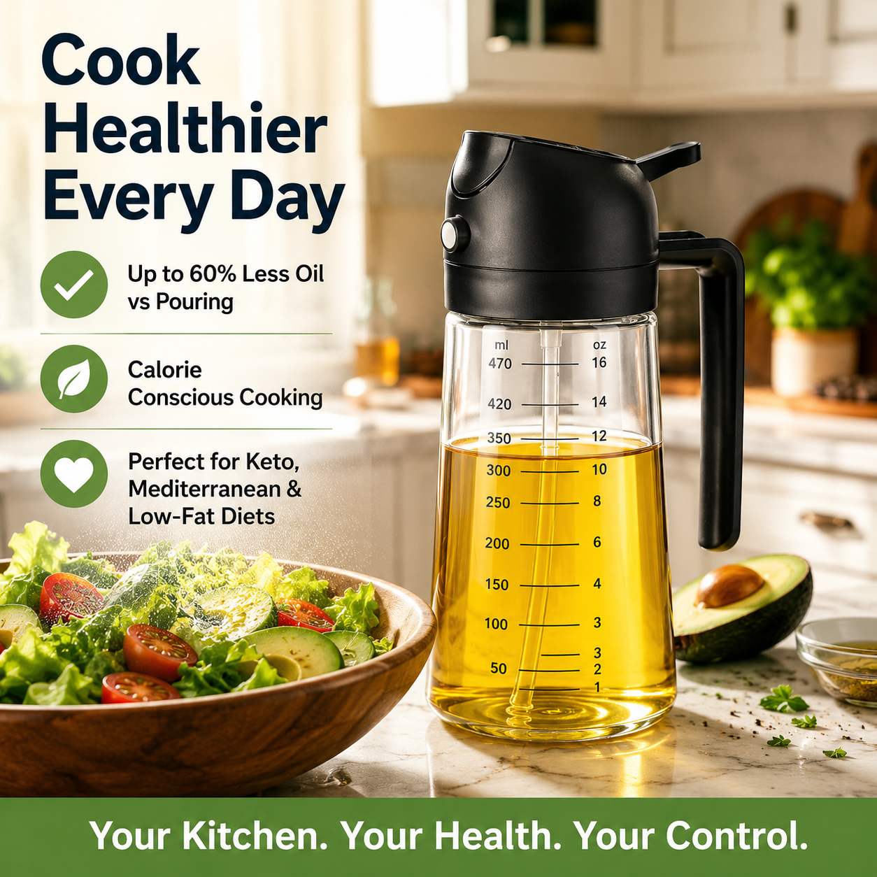 2-in-1 Olive Oil Sprayer for Cooking, Pack of 2 (16oz Each), Light-Proof Oil Dispenser Bottles, Leak-Proof Oil Spray Bottles for Air Fryer, Salad Dressing, BBQ, Baking & Grilling – Black & Green