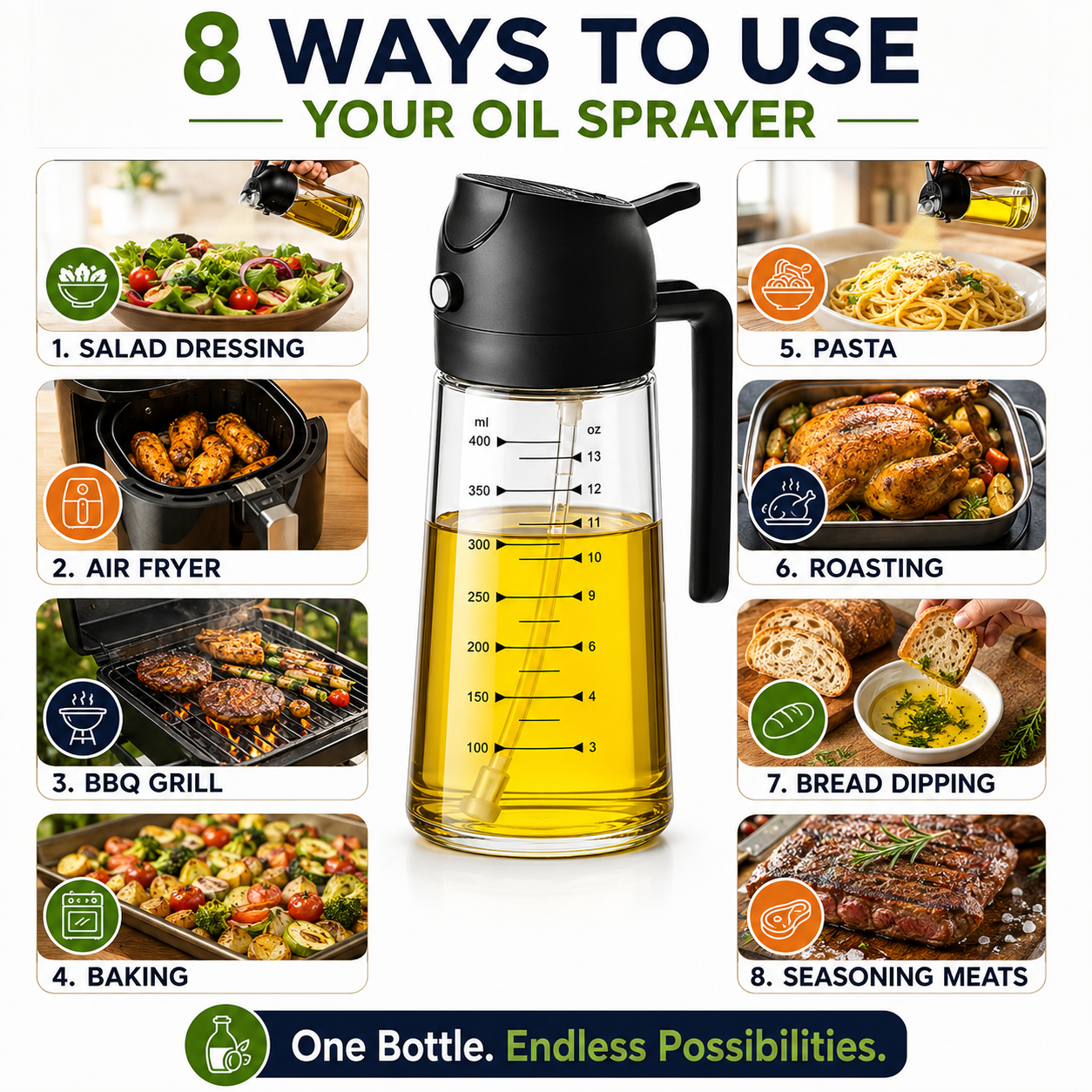 2-in-1 Olive Oil Sprayer for Cooking, Pack of 2 (16oz Each), Light-Proof Oil Dispenser Bottles, Leak-Proof Oil Spray Bottles for Air Fryer, Salad Dressing, BBQ, Baking & Grilling – Black & Green