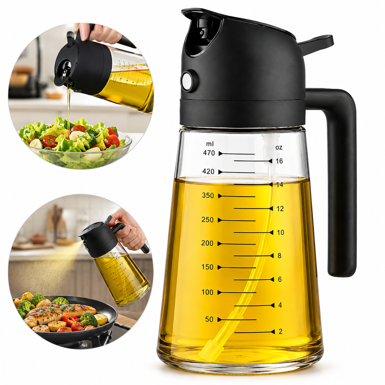 2-in-1 Olive Oil Sprayer for Cooking, Pack of 2 (16oz Each), Light-Proof Oil Dispenser Bottles, Leak-Proof Oil Spray Bottles for Air Fryer, Salad Dressing, BBQ, Baking & Grilling – Black & Green