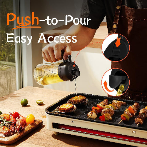 Person using a push-to-pour oil dispenser on a grill with 'Push-to-Pour Easy Access' text.