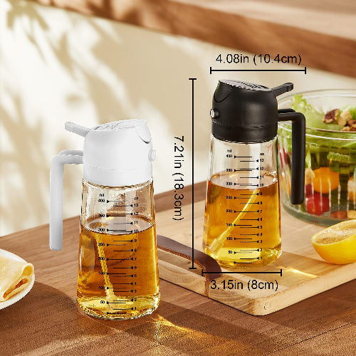 Two glass measuring cups with liquid on a wooden surface, showing measurements and a kitchen setting.