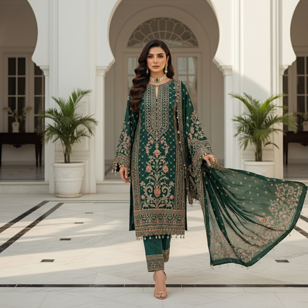 SECRET SOLUTIONS - Luxury Emerald Green Velvet Suit with Multi-Color Zari & Resham Embroidery | Winter Formal Wear