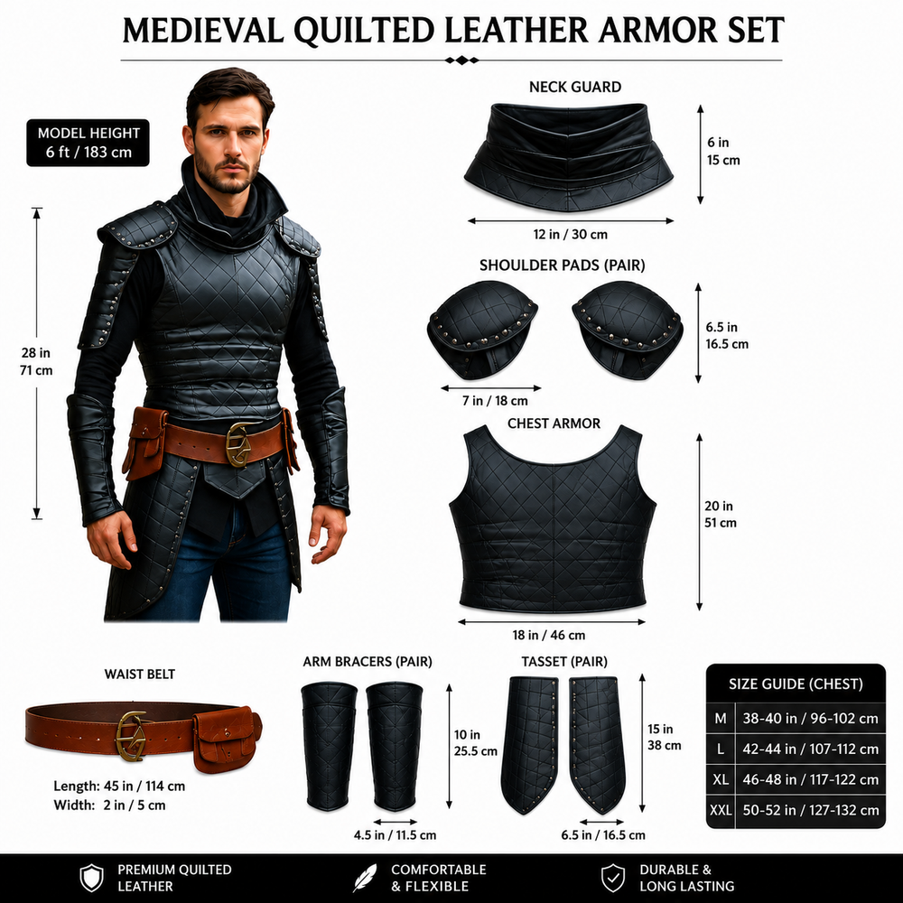 A size and fit guide for a medieval quilted leather armor set, showing a male model wearing the set alongside isolated views of each component: neck guard, shoulder pads, chest armor, waist belt, arm bracers, and tassegs. The image includes dimensions for the model and components, a size guide by chest size, and feature icons for premium quilted leather, comfort, and durability.