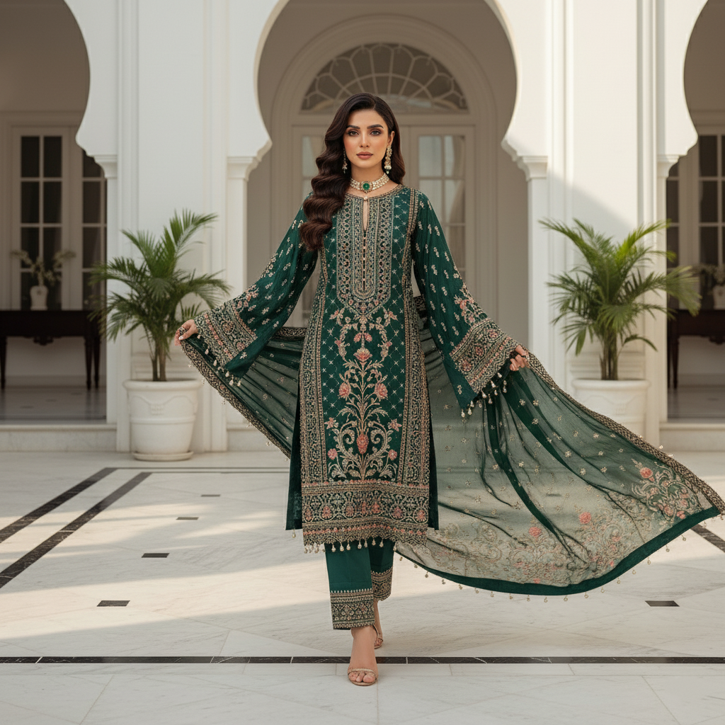 SECRET SOLUTIONS - Luxury Emerald Green Velvet Suit with Multi-Color Zari & Resham Embroidery | Winter Formal Wear