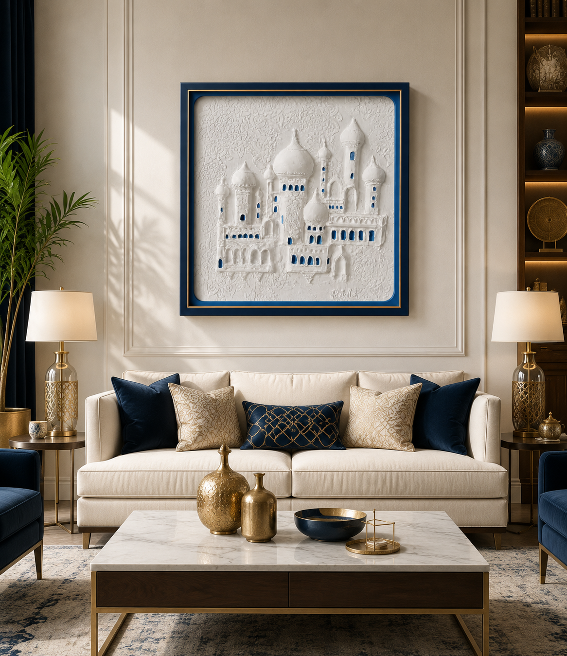 Noor Al Masjid 3D Islamic Mosque Relief Wall Art | Premium White & Blue Textured Canvas | Modern Islamic Home Décor | Luxury Framed Wall Painting