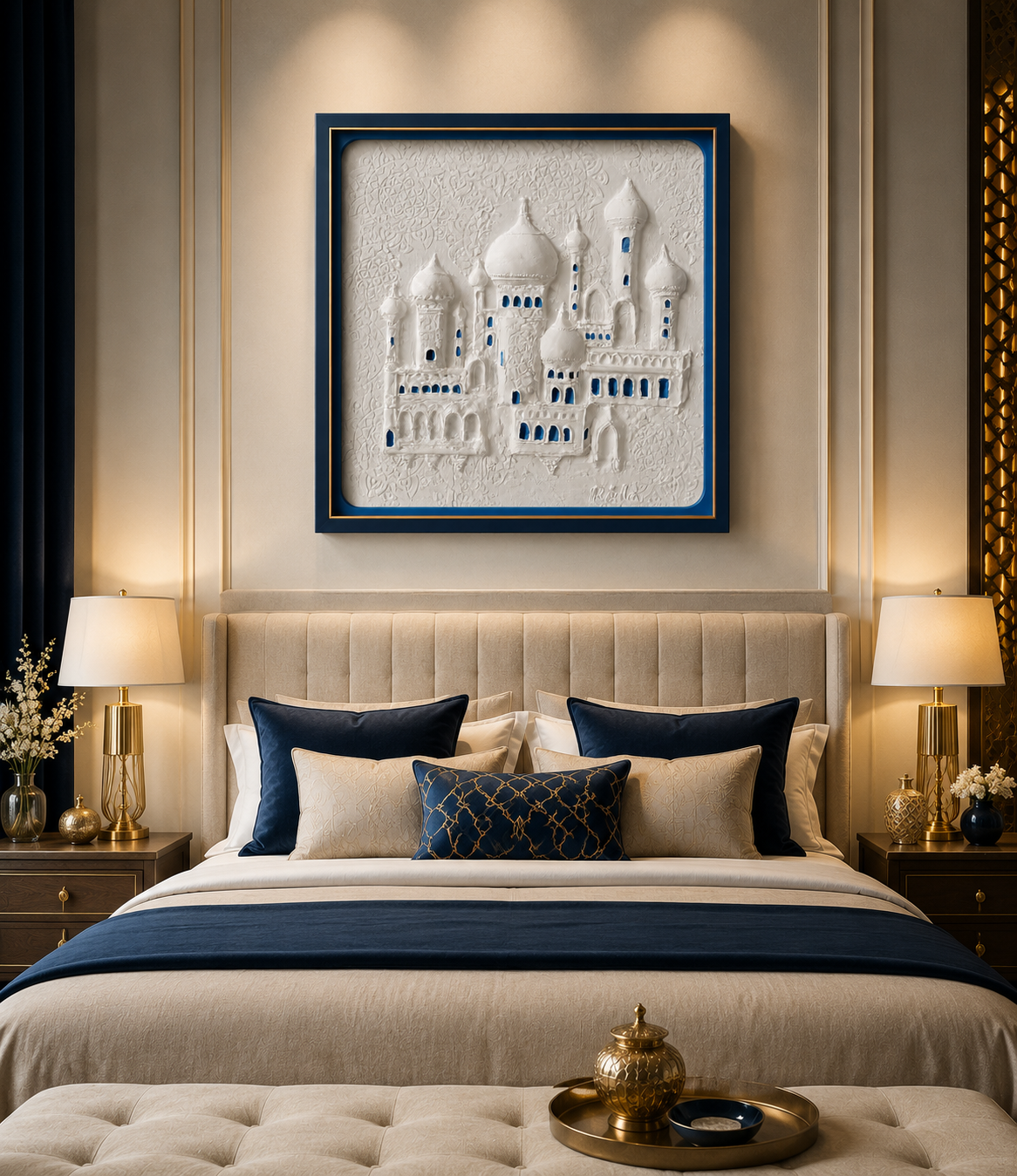 Noor Al Masjid 3D Islamic Mosque Relief Wall Art | Premium White & Blue Textured Canvas | Modern Islamic Home Décor | Luxury Framed Wall Painting