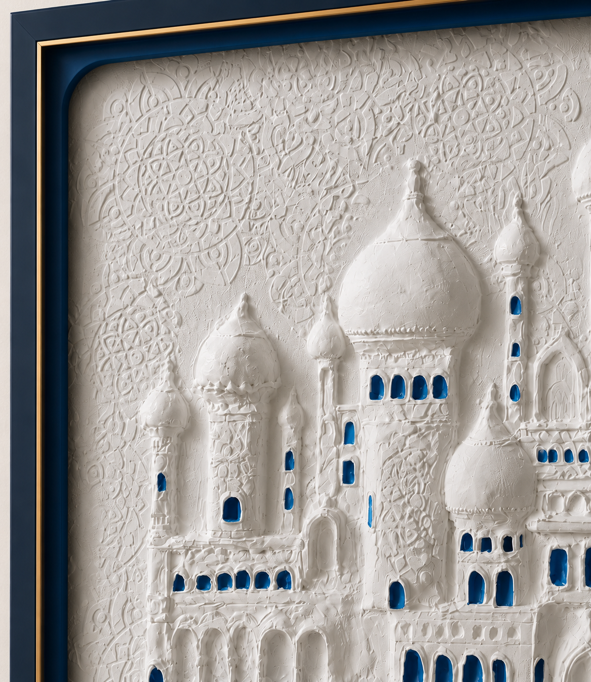 Noor Al Masjid 3D Islamic Mosque Relief Wall Art | Premium White & Blue Textured Canvas | Modern Islamic Home Décor | Luxury Framed Wall Painting