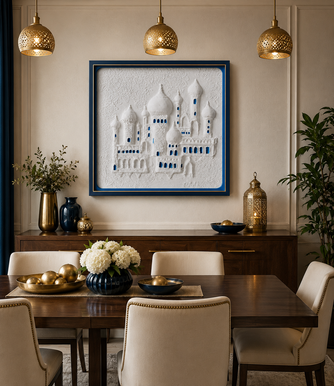 Noor Al Masjid 3D Islamic Mosque Relief Wall Art | Premium White & Blue Textured Canvas | Modern Islamic Home Décor | Luxury Framed Wall Painting