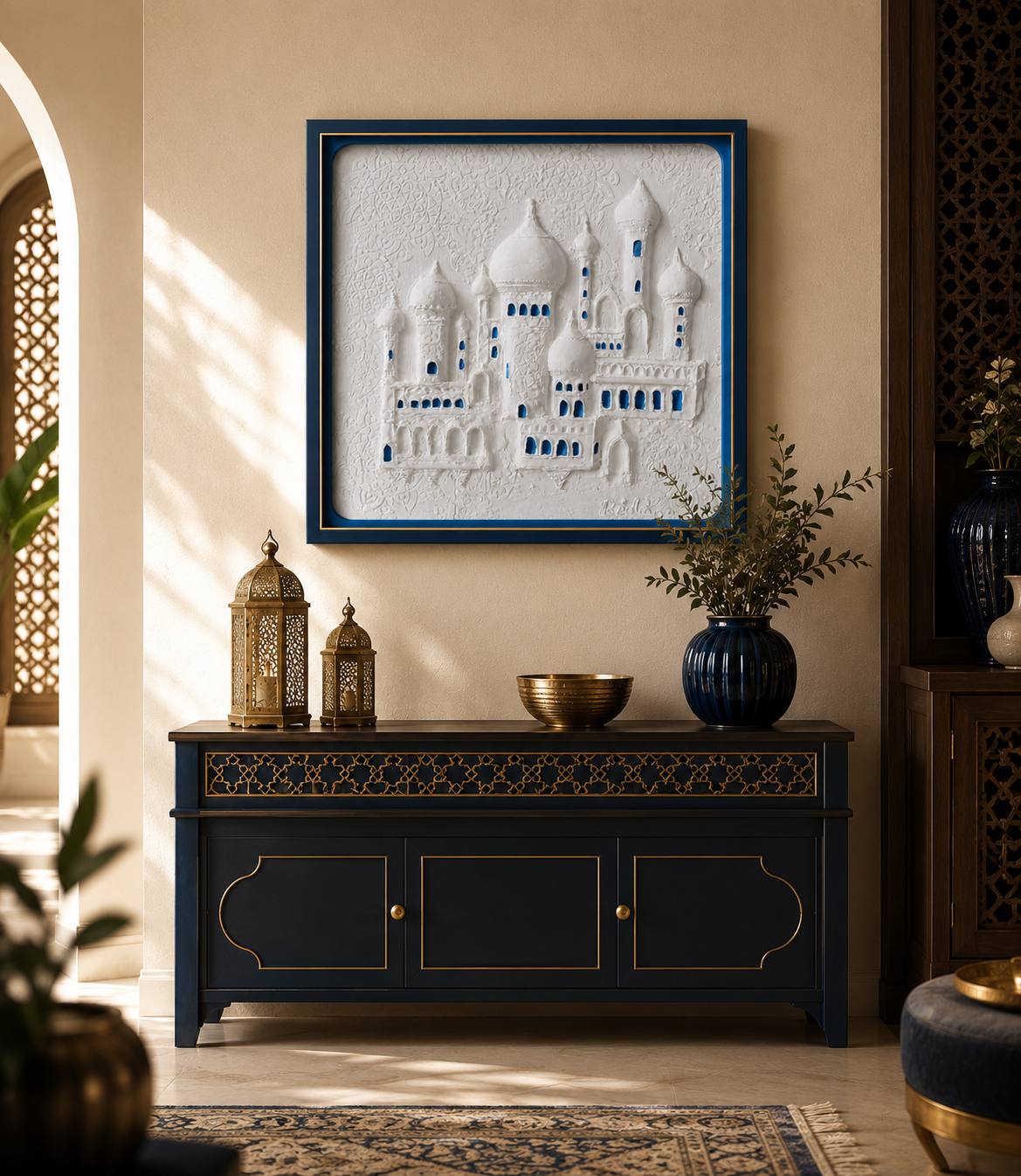 Noor Al Masjid 3D Islamic Mosque Relief Wall Art | Premium White & Blue Textured Canvas | Modern Islamic Home Décor | Luxury Framed Wall Painting