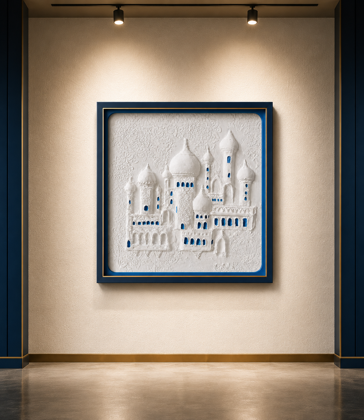 Noor Al Masjid 3D Islamic Mosque Relief Wall Art | Premium White & Blue Textured Canvas | Modern Islamic Home Décor | Luxury Framed Wall Painting