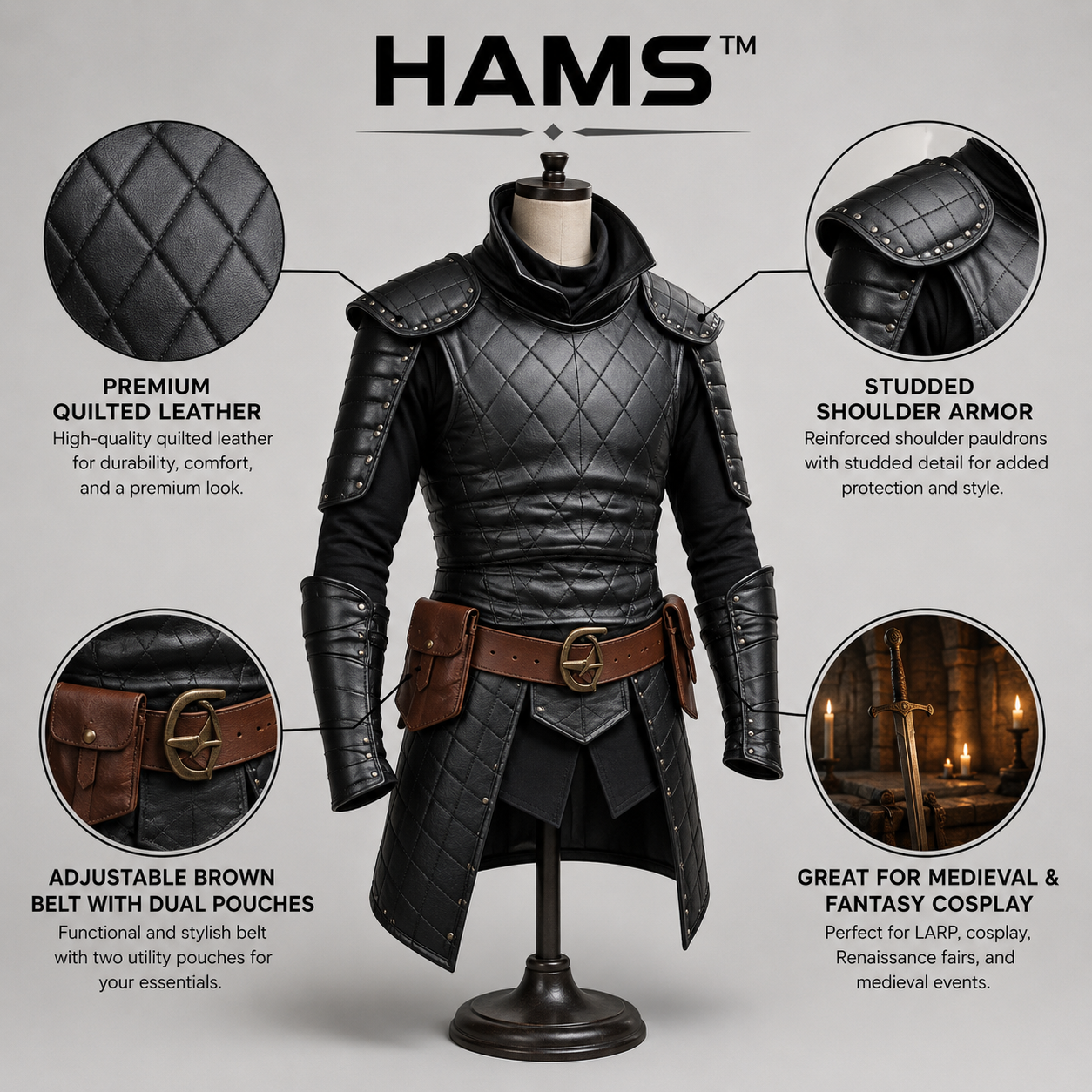 A black quilted faux-leather HAMS costume armor set displayed on a mannequin torso, with five circular callouts showing product details and text labels on a light gray background.