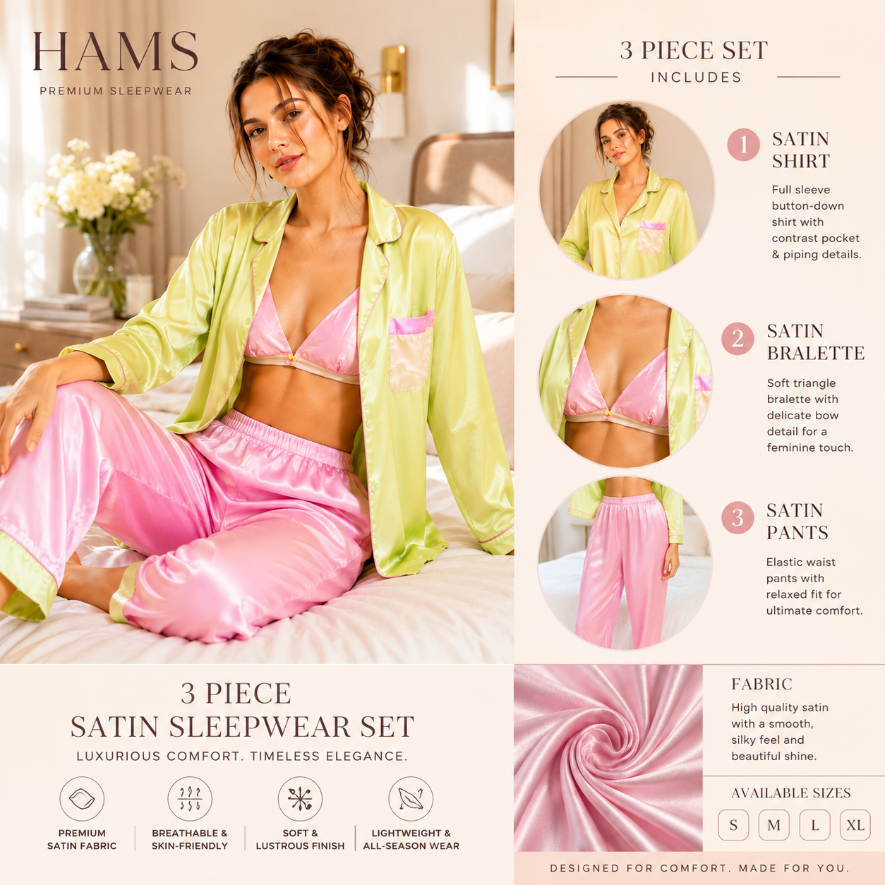 HAMS 3-Piece Satin Pajama Set for Women – Pistachio Green & Pink | Long Sleeve Cardigan, Wide-Leg Pants, Elastic Waistband, Side Slit, Suitable for All Seasons