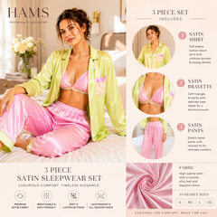 HAMS 3-Piece Satin Pajama Set for Women – Pistachio Green & Pink | Long Sleeve Cardigan, Wide-Leg Pants, Elastic Waistband, Side Slit, Suitable for All Seasons