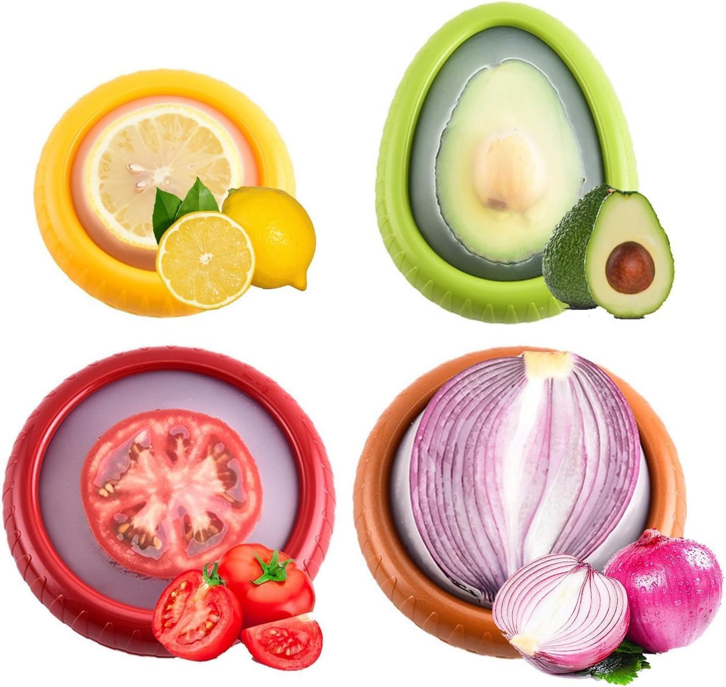 HAMS Silicone Fruit and Vegetable Storage Containers for Fridge, 2 Sets (8-Pack) – Reusable Airtight Produce Savers for Onion, Avocado, Tomato, Lemon & More – Freshness and Kitchen Organization