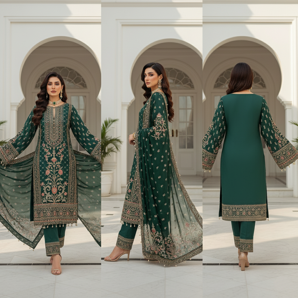 SECRET SOLUTIONS - Luxury Emerald Green Velvet Suit with Multi-Color Zari & Resham Embroidery | Winter Formal Wear