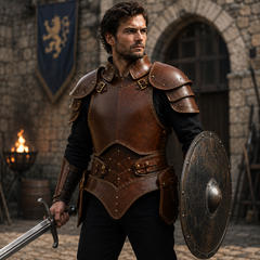 A man dressed as a medieval knight stands in a stone courtyard, wearing brown leather armor over a black tunic and holding a round shield and sword. A stone wall, arched doorway, banner, and fire pit are visible in the background.