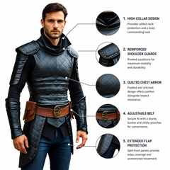 A man modeling a black quilted leather-like armor jacket with a high collar, brown belt, and blue jeans, with five callout circles and text describing product features such as high collar design, reinforced shoulder guards, quilted chest armor, adjustable belt, and extended flap protection.