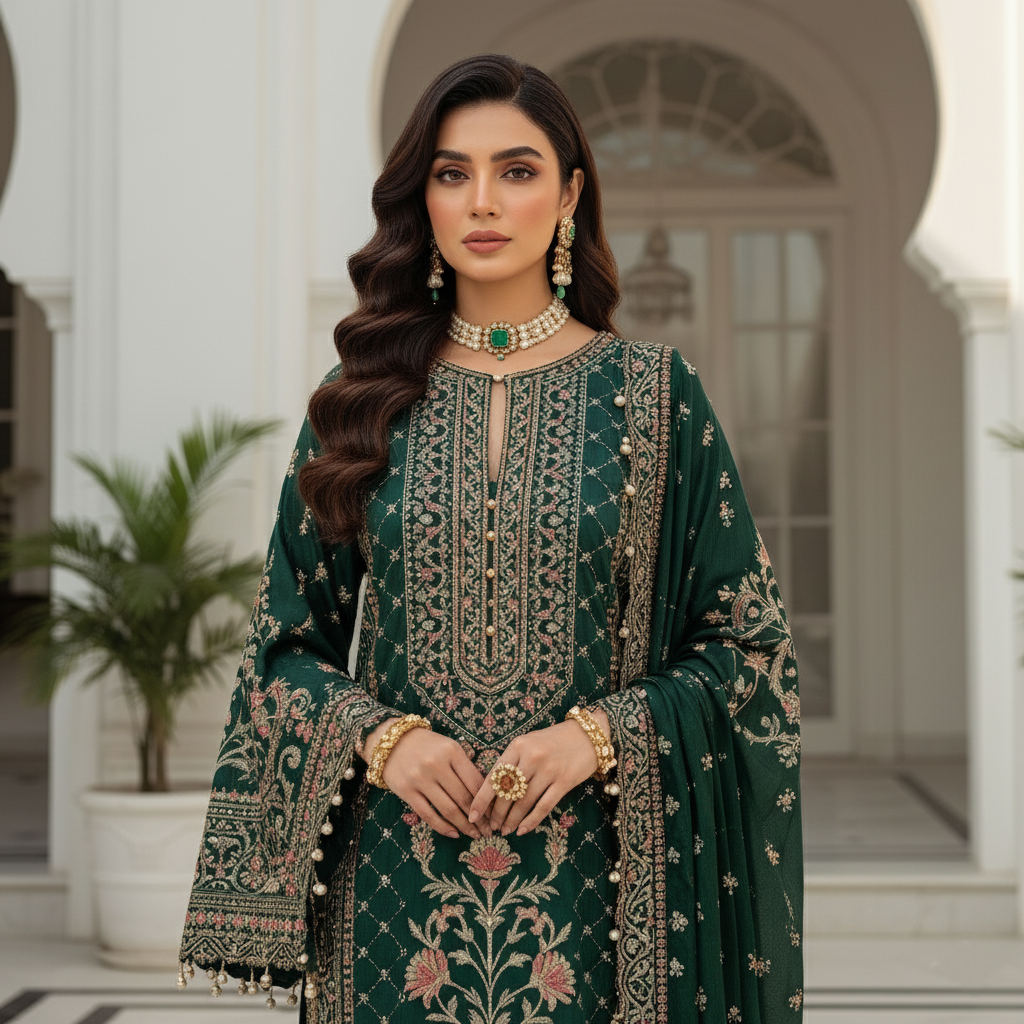 SECRET SOLUTIONS - Luxury Emerald Green Velvet Suit with Multi-Color Zari & Resham Embroidery | Winter Formal Wear