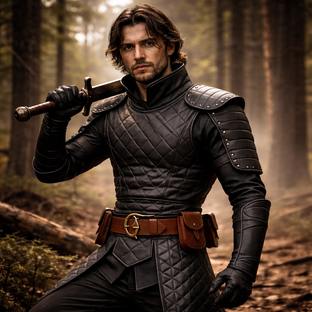 A man in medieval-style black quilted armor and a brown leather belt stands in a misty forest, holding a sword over his shoulder.