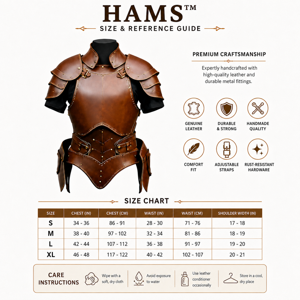 A size and reference guide infographic for the HAMS brand, featuring a brown leather body armor display on a black mannequin torso. The graphic includes product features, care instructions, and a size chart table listing chest, waist, and shoulder widths for sizes S through XL.