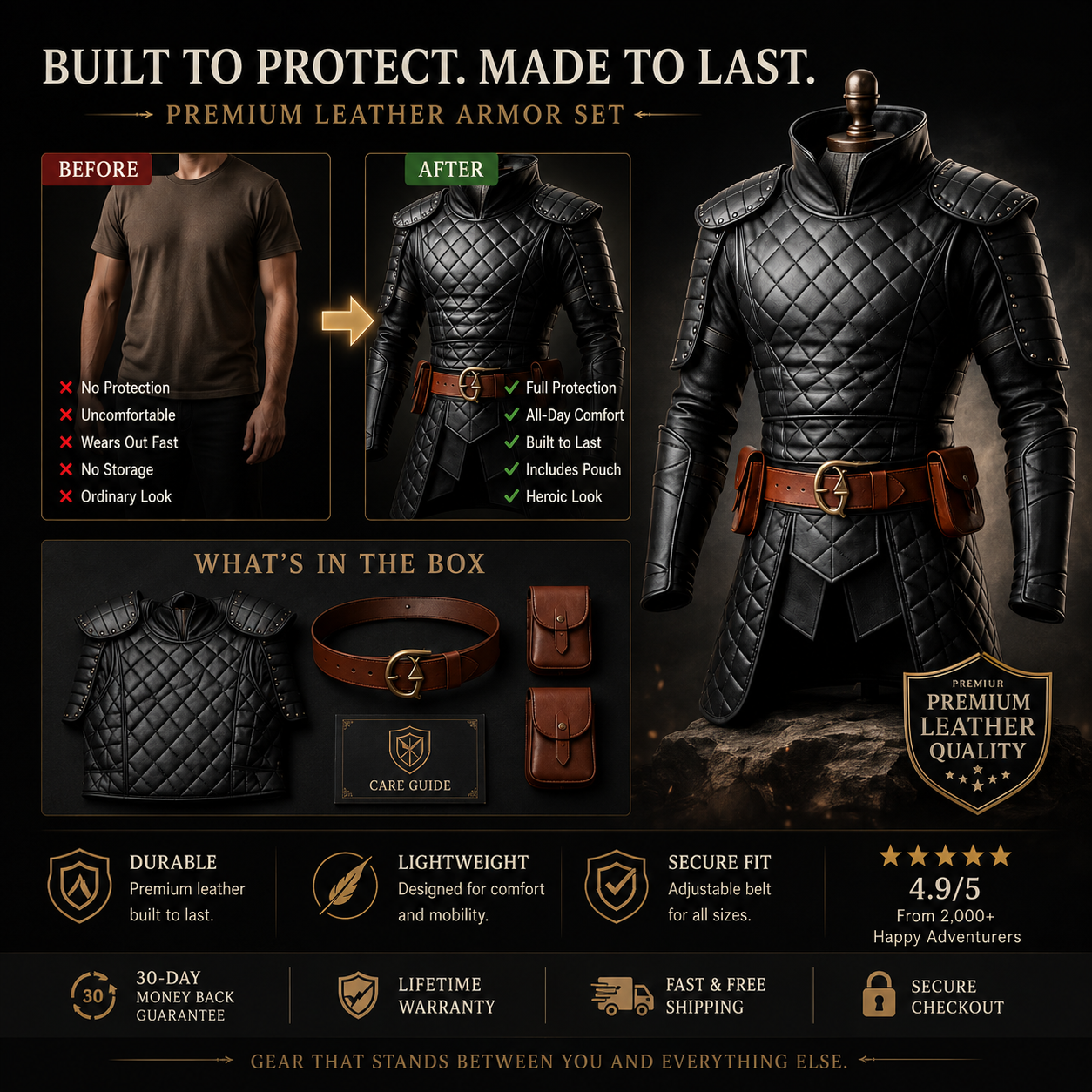 Promotional graphic for a premium leather armor set, showing a mannequin wearing a black quilted leather chest plate and matching belt pouches, alongside a before-and-after comparison and feature icons. Text highlights durability, lightweight design, secure fit, and lifetime warranty.