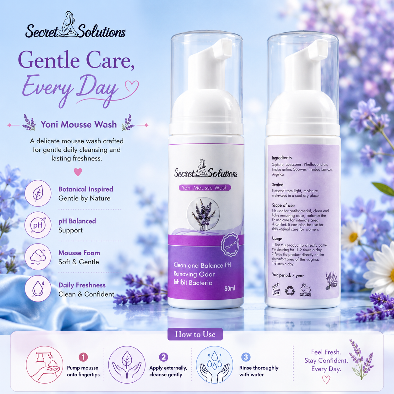 Lavender Yoni Mousse Wash – Gentle Feminine Intimate Cleanser for Daily Freshness | pH Balanced & Botanical Care | 60ml