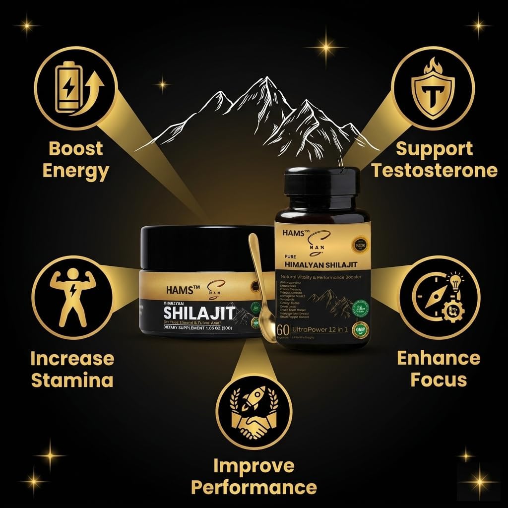 HAMS Pure Himalayan Shilajit Resin & Ashwagandha Combo Pack (Pack of 2) - Authentic Mumijo with 84+ Trace Minerals, Fulvic Acid & Elemental Gold, High Potency, Lab Tested, Vegan, 90g