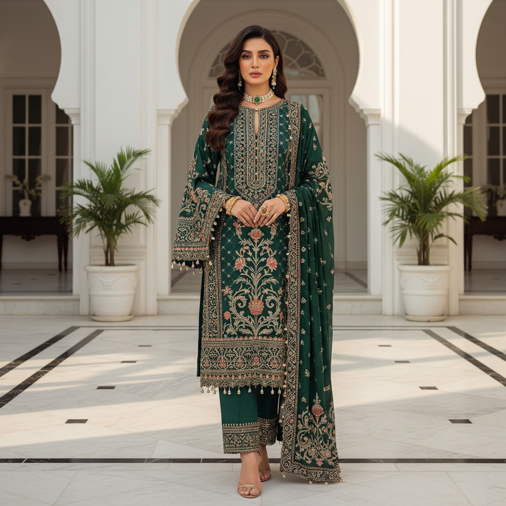 SECRET SOLUTIONS - Luxury Emerald Green Velvet Suit with Multi-Color Zari & Resham Embroidery | Winter Formal Wear