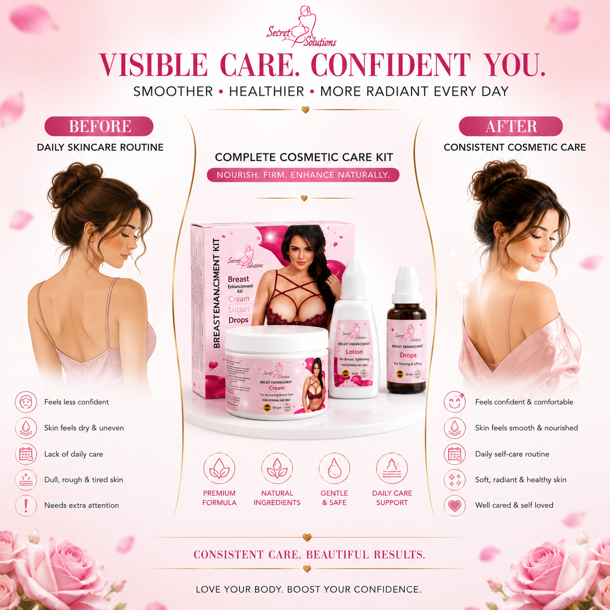 Natural Bust Enhancement & Firming Kit – 3-in-1 Complete Bust Care Formula for Natural-Looking Fullness, Firmer-Looking Skin, Deep Moisturization & Daily Bust Care