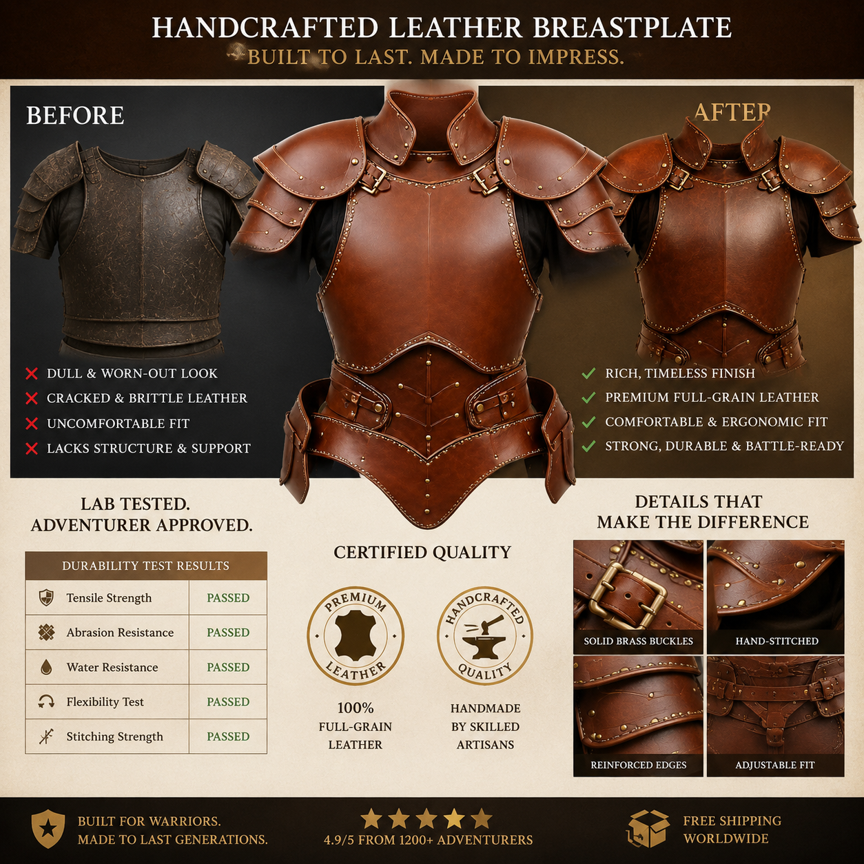 A promotional infographic for a brown leather breastplate, showing a before-and-after comparison, product details, a durability test table, and certification badges. The text highlights features like 'Built to Last.