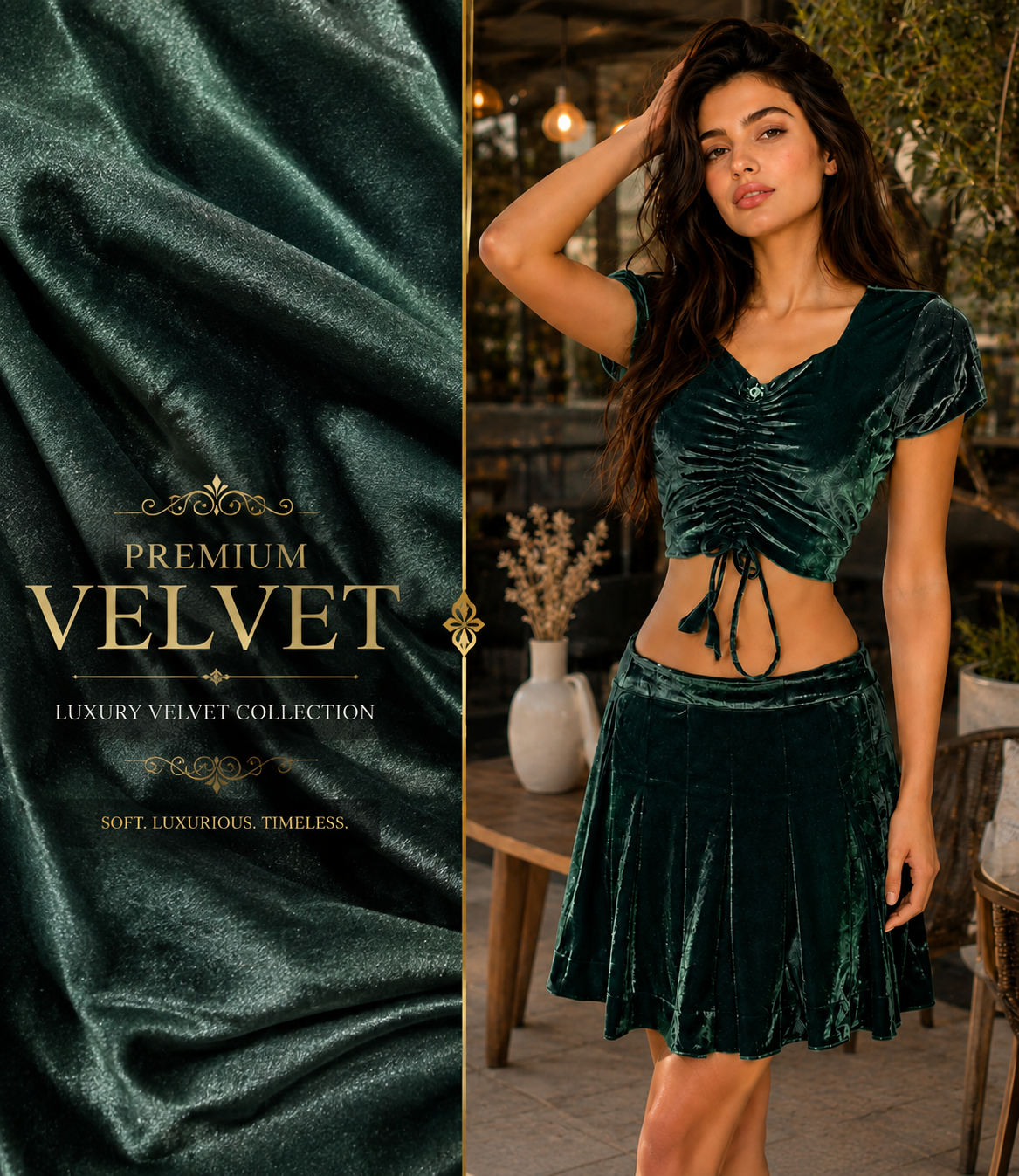 A woman models a dark emerald green velvet two-piece set consisting of a ruched short-sleeve crop top and a matching pleated mini skirt. The image is split with a gold vertical divider from a close-up fabric texture panel on the left displaying the text 'PREMIUM VELVET LUXURY VELVET COLLECTION'.