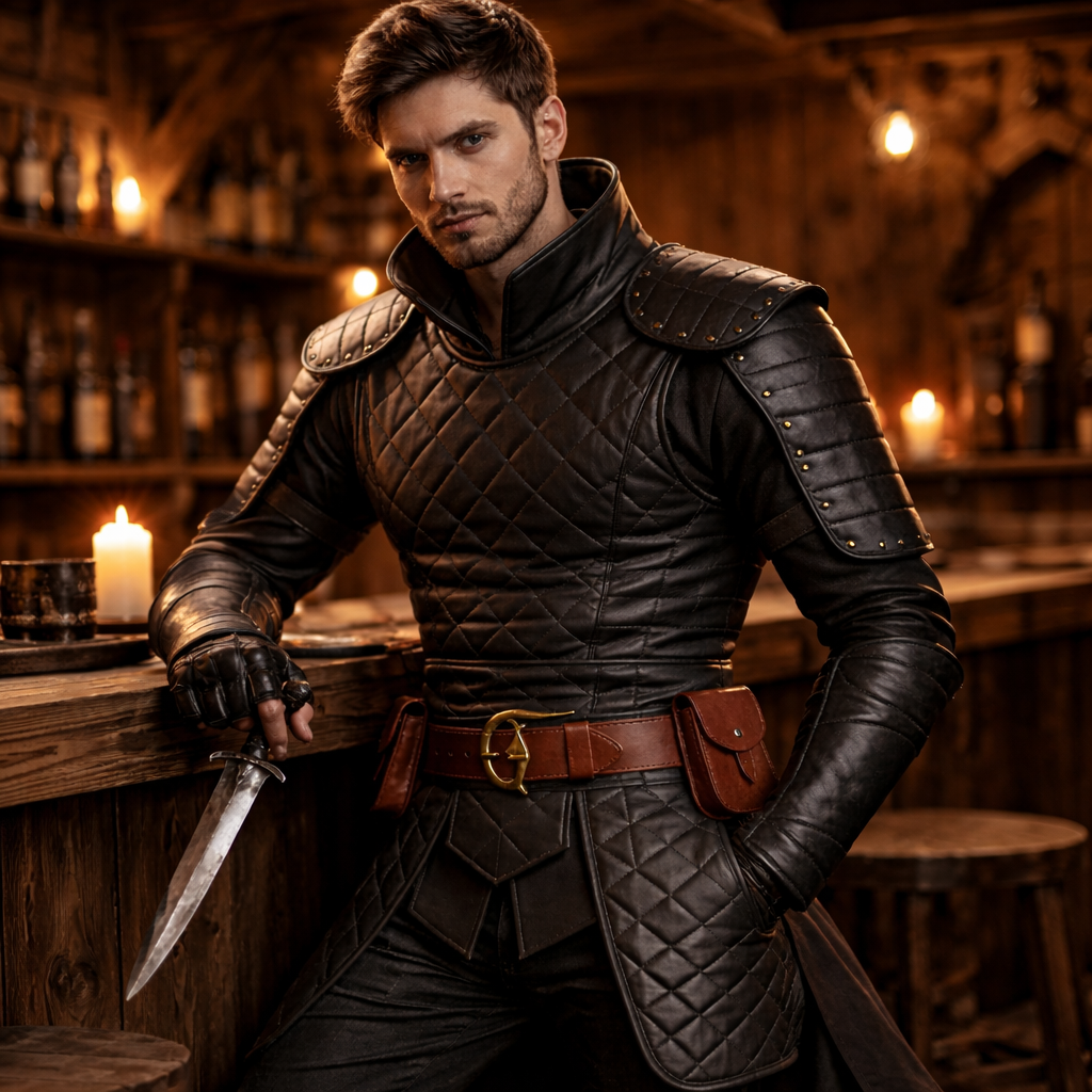 A man in a dark brown leather medieval-style armor outfit with a high collar, quilted chest plate, and brown belt stands at a wooden bar holding a dagger in a warmly lit pub setting.