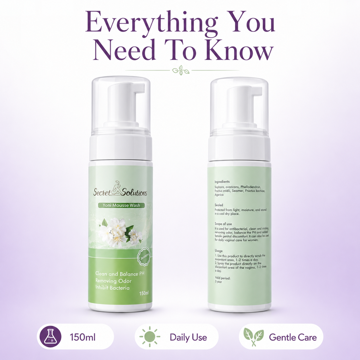 Yoni Mousse Wash – Jasmine Daily Feminine Care Foam Cleanser, pH Balanced Gentle Intimate Wash, Odor Protection, Soft Foam Formula