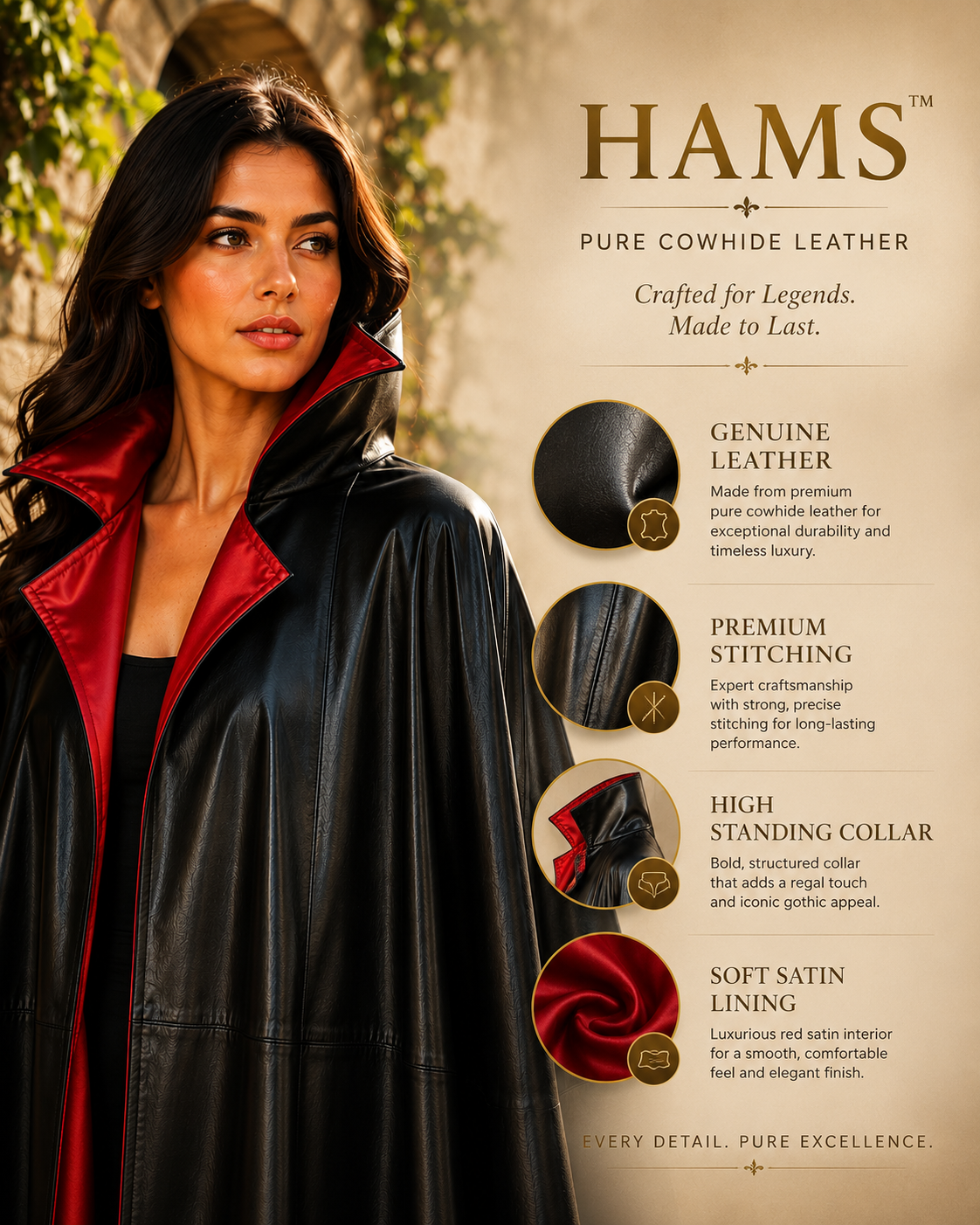 Women's Genuine Cowhide Leather Gothic Cape | Handmade Full Length Leather Cloak | Vampire Cape | Renaissance Medieval Fantasy Costume