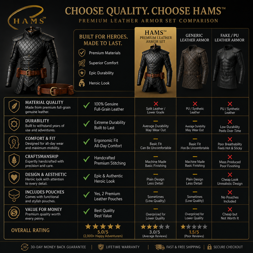 A promotional comparison infographic for Hams premium leather armor, showing three stylized character models wearing different armor types (Hams Preset, Generic, Fake/PU) and a feature checklist on a dark background.