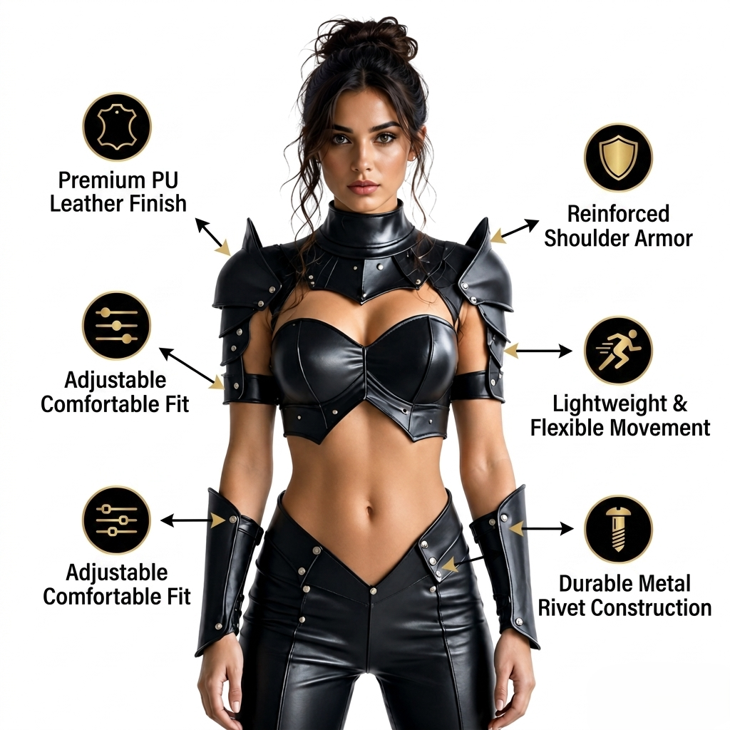 HAMS Women’s Premium Cow Leather Warrior Armor Costume, Black Medieval Cosplay